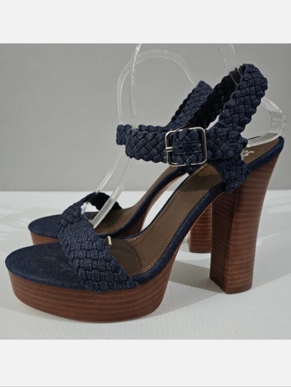 Paige Charlotte Platform Sandals Block Heel Navy Blue Woven Chunky Womens 10